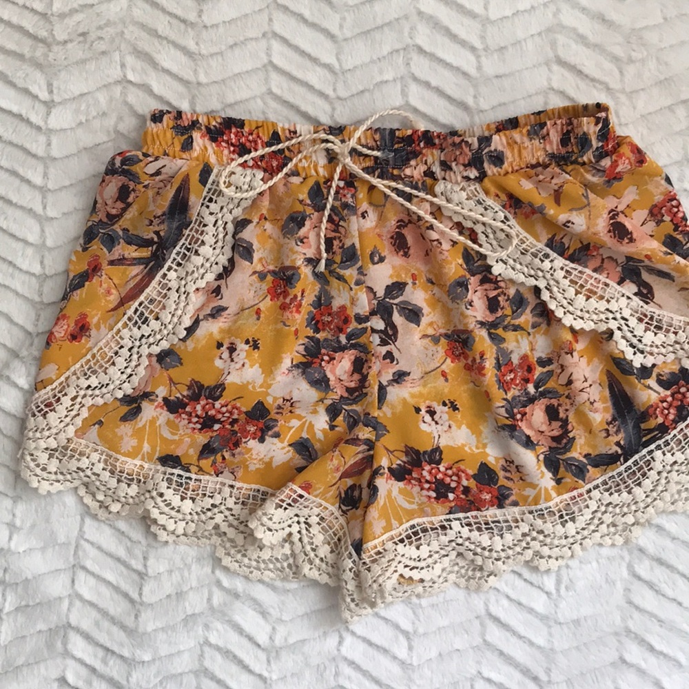 Mustard Floral Crochet Shorts